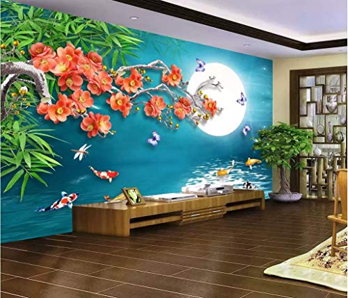 Wxlsl Papel Tapiz 3D Personalizado Flor Buena Luna Ronda Estilo Chino Viga Superior Ciruela Tv Fondo Pared-350Cmx256Cm
