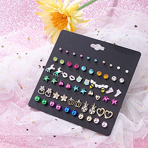 Yadoca 30 Pares Pendientes de Niños Acero inoxidable Color Mezclado Flor Corazón Satr Corona Abeja Labios Búho CZ Joyería Aretes para Mujeres Niñas