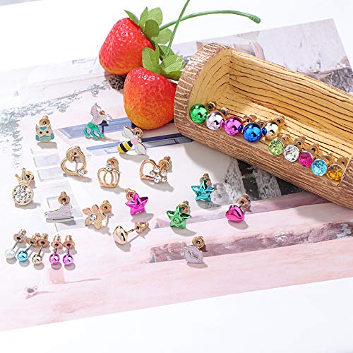 Yadoca 30 Pares Pendientes de Niños Acero inoxidable Color Mezclado Flor Corazón Satr Corona Abeja Labios Búho CZ Joyería Aretes para Mujeres Niñas
