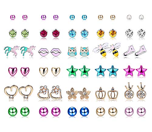 Yadoca 30 Pares Pendientes de Niños Acero inoxidable Color Mezclado Flor Corazón Satr Corona Abeja Labios Búho CZ Joyería Aretes para Mujeres Niñas