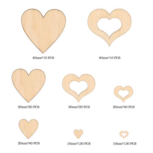YANSHON Corazones de Madera Rebanadas de Madera Forma Corazón Entero, Hueco Adornos de Corazón para Decoración Boda DIY Manualidades Artesanías Tamaño (400pcs / 10-40mm)