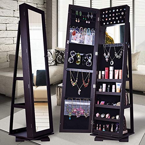Yaunli Gabinete de la joyería Espejo Negro Joyero Marco del Marco Anillo Collar Pulsera Almacenaje Piso Espejo Gabinete Gran Almacenamiento gabinete de Joyas Espejo sin Marco