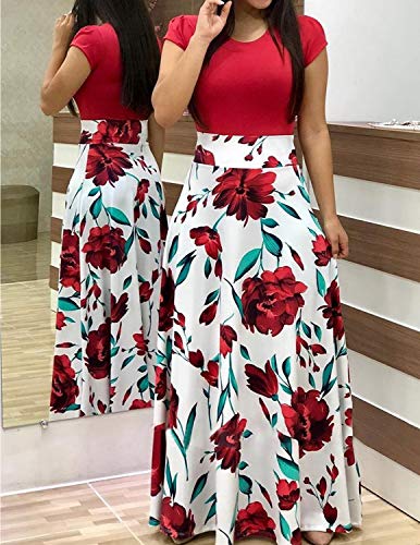 YIPIN Mujer Vestidos Casual Verano Manga Corta de Fiesta Largos Floral Impresa Color de Contraste Boho Playa Ceremonia Noche，Color 1,S