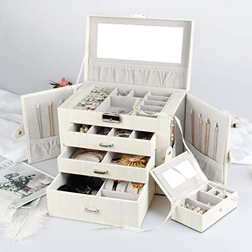 Yorbay Caja Joyero con Espejo y Cajones, Caja para Joyas, para Pendientes, Pulseras, Anillos, Almacenamiento y Expositor, Caja de joyería de Viaje Mini, Rayas Imitacion a Madera Blanco Reutilizable