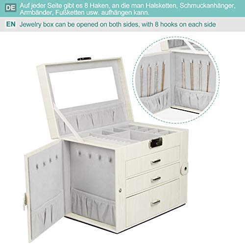 Yorbay Caja Joyero con Espejo y Cajones, Caja para Joyas, para Pendientes, Pulseras, Anillos, Almacenamiento y Expositor, Caja de joyería de Viaje Mini, Rayas Imitacion a Madera Blanco Reutilizable