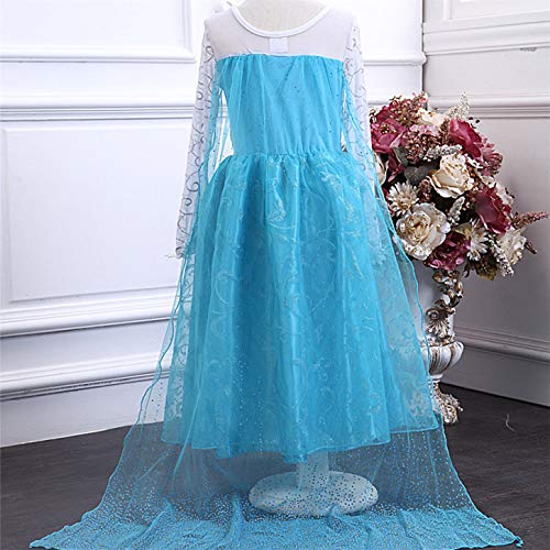 YOSICIL Niña Princesa Disfraz Frozen Elsa con Accesorios 5PC Corona Varita Vestido de Princesa Traje de Frozen con Capa Larga Costume de Cumpleaños Traje Parte de Navidad Infantil 3-9años