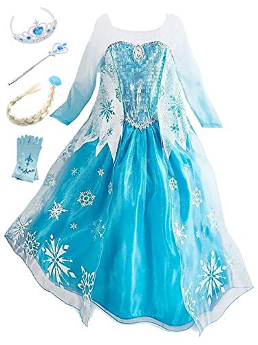 YOSICIL Princesa Disfraz de Princesa Frozen Elsa Disfraces de Princesa Gradiente Fancy Dress Elasticidad niña Lentejuela Impreso Nieve Accesorios con Capas 3-9 años (110CM, Azul)
