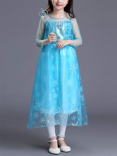YOSICIL Princesa Disfraz Vestido de Princesa Elsa Princesa Disfraz Accesorios Traje Parte Niñas Princesa Cosplay para Regalo Halloween Carnaval Disfraz Elsa Manga Larga (3-10 años) +5pcs