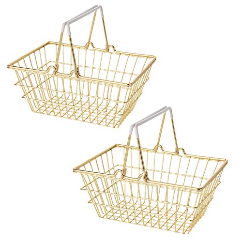 your castle Set de 2 cestas metálicas de supermercado Mini Decoración, Almacenamiento para Cuarto de baño, Cocina o Pasillo, Color: Dorado con Asas Blancas, 18x13x8 cm.