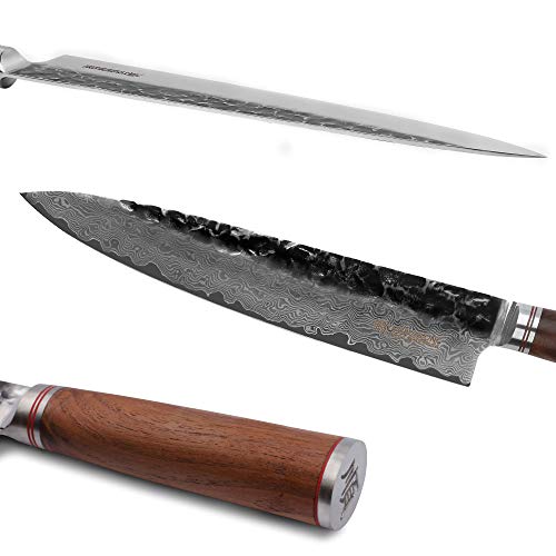 YOUSUNLONG Cuchillos de chef 10 pulgadas Pro Gyuto japonés VG10 martillado Damasco acero Natural nogal mango de madera con funda de cuero