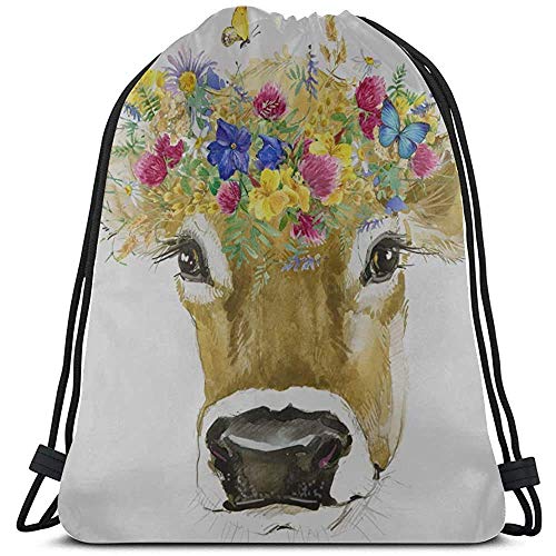 Yuanmeiju Saco de Gimnasia con cordón,Bolsa de cordón para Dibujar,Art Cute Colorful Animal Cow Flower Mens String Backpack Cinch Pack Kids Portable String Pull Bag For Outdoor,Gym,Travel