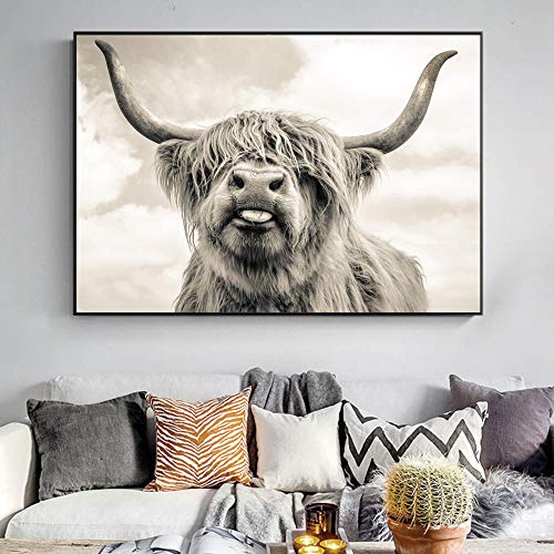 YWOHP Blanco y Negro Gratis Highland Cow Animal Lienzo Pintura Carteles e Impresiones Sala de Estar nórdica Imagen de Arte de Pared de vaca-50x75cm