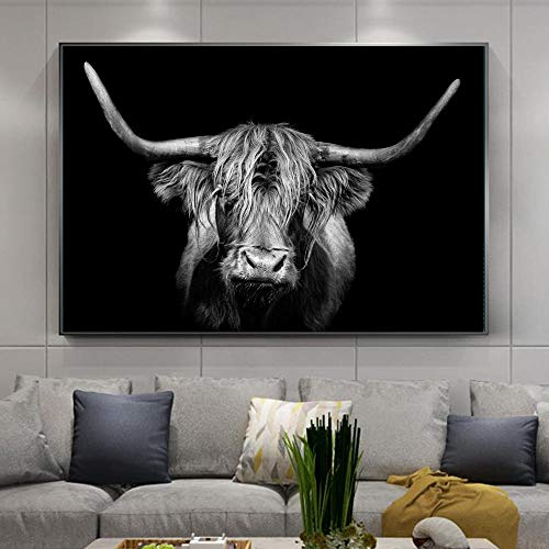 YWOHP Blanco y Negro Gratis Highland Cow Animal Lienzo Pintura Carteles e Impresiones Sala de Estar nórdica Imagen de Arte de Pared de vaca-50x75cm