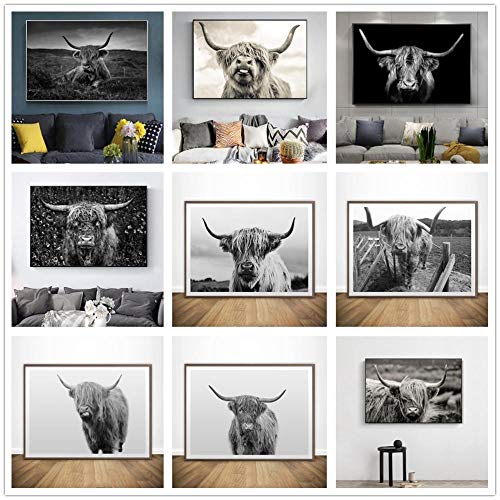 YWOHP Blanco y Negro Gratis Highland Cow Animal Lienzo Pintura Carteles e Impresiones Sala de Estar nórdica Imagen de Arte de Pared de vaca-50x75cm