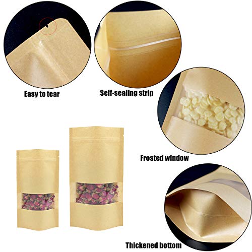 YWQ 70pcs Bolsa de Papel Kraft con Ventana Reutilizables(14 x 22 cm), Bolsas de Papel Kraft con Ventana/Base/Cierre Zip,Stand Up Alimentos Almacenamiento Bolsas,Bolsas de Sellado de Agarre Ziplock