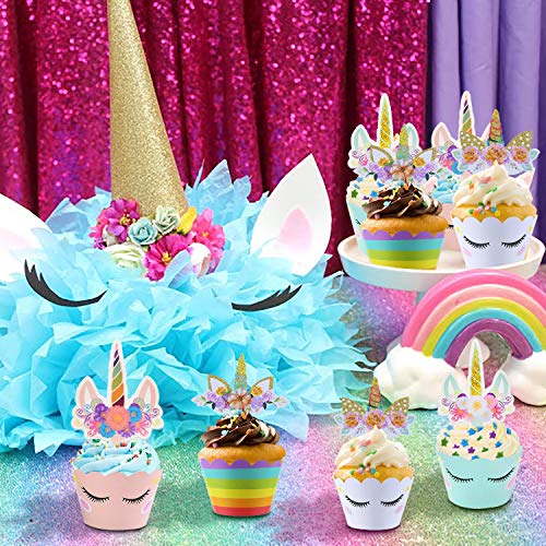 ZAWTR 50 Piezas Decoracion Cupcake Unicornio, Unicornio Cupcake Toppers y Doble Cara Wrappers para Baby Shower Niños Cumpleaños Fiesta Unicornio Tarta Decoraciones (Azul Rosa Blanco Arco Iris)