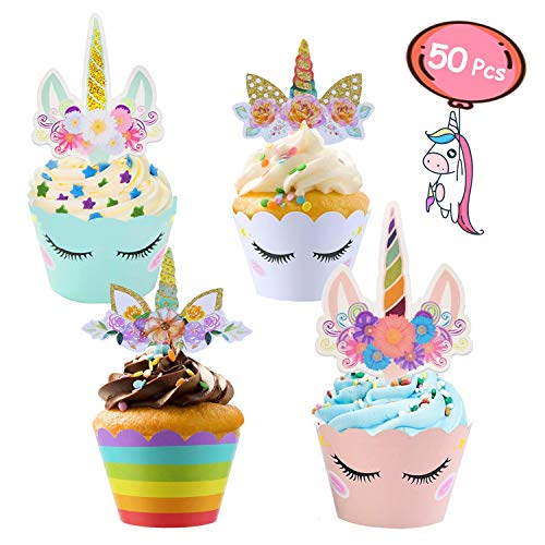 ZAWTR 50 Piezas Decoracion Cupcake Unicornio, Unicornio Cupcake Toppers y Doble Cara Wrappers para Baby Shower Niños Cumpleaños Fiesta Unicornio Tarta Decoraciones (Azul Rosa Blanco Arco Iris)