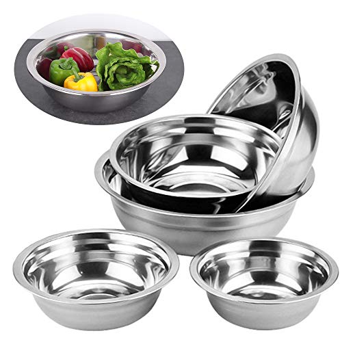Ziyero Cocina Mezclar Ensalada Cuenco Acero Inoxidable Set Cuencos de Preparación Metal Durable Fácil de Limpiar, para Cocina, Acampar al Aire Libre, Senderismo, Picnic, Parilla Etc—5 Piezas, Plateado