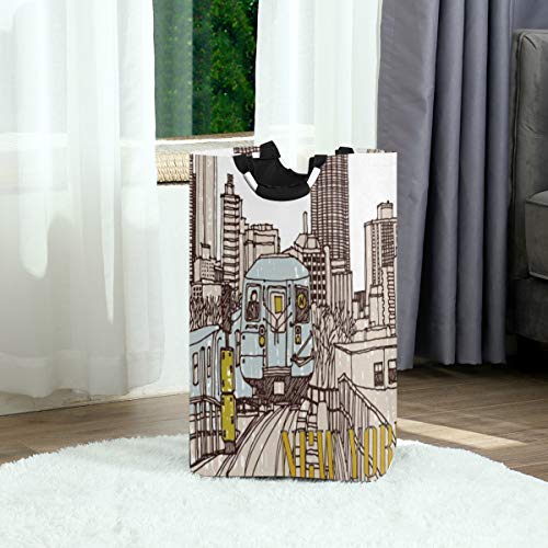 ZOANEN Bolsa de lavandería,Escena Calle Dibujado a Mano Velocidad Tren Blanco Tinta Industrial Urbano con Motor Diseño de señales Amarillas Cesta de lavandería Plegable Grande,Cesto de Ropa Plegable