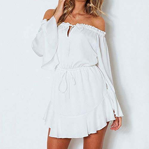 ZODOF Vestido Mujer para Noche y Fiesta Casual Moda Mujer sólido Flare Manga Slash-Cuello Fuera del Hombro Mini Vestido Top Falda Espalada Descubirta Dama de Honor Sexy y Elegante