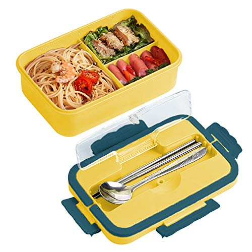 ZoneYan Fiambreras Bento Niños Fiambrera Hermetica con Cubiertos, Caja de Almuerzo con 3 Compartimentos, Fiambrera de Seguridad de Trigo Natural,1100 ml (Amarillo)