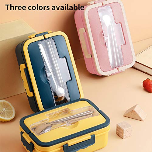 ZoneYan Fiambreras Bento Niños Fiambrera Hermetica con Cubiertos, Caja de Almuerzo con 3 Compartimentos, Fiambrera de Seguridad de Trigo Natural,1100 ml (Amarillo)