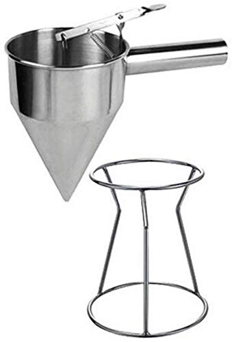 ZUOAO Embudo con el émbolo y el Soporte, de Acero Inoxidable, Usado para la Masa de Crepes, pequeñas Bolas de Pulpo, Magdalenas, dispensador de Masa con Jaula,Silver