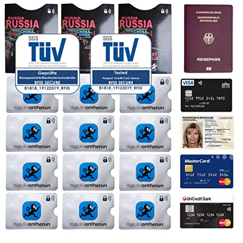 15x MOTRTM Paquete Familiar de Bloqueadores de RFID: 3X Pasaporte, 12x Protectores para Tarjetas de Crédito y de Débito. Estuches de protección contra RFID y NFC para Proteger información.