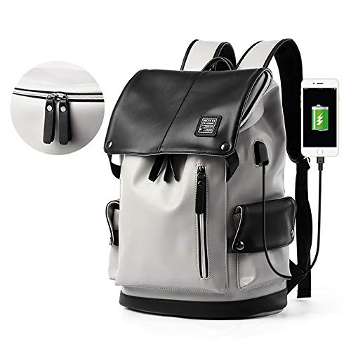 2020 Nueva Mochila de Cuero PU Impermeable Moda Bookbag Ordenador portátil del Bolso de Escuela con el Puerto de Carga USB (Color : Gray)
