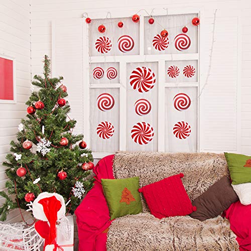 32 Piezas Etiquetas Engomadas de Pared de Diseño de Caramelo de Navidad, Pegatinas Rojas de Navidad de Piso, Etiqueta Autoadhesiva Giratoria de Navidad para Decoración Navideña