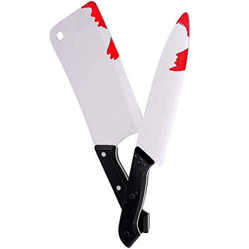 4 Piezas Disfraces de Carnicero Sangriento de Halloween Set de Miedo - Delantal de Cocina Chef Sombrero Cuchillo de Arma （Rojo, Blanco）