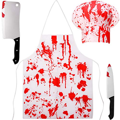 4 Piezas Disfraces de Carnicero Sangriento de Halloween Set de Miedo - Delantal de Cocina Chef Sombrero Cuchillo de Arma （Rojo, Blanco）