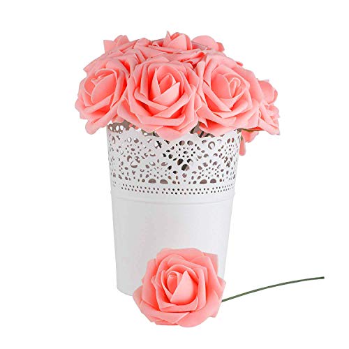 ACDE 25 Piezas Rosas Artificiales, Flores Artificiales Rosa Espuma con Hoja y Vástago Ajustable para Bricolaje Ramos de Boda Decoraciones para el Hogar Nupciales (Rosado)