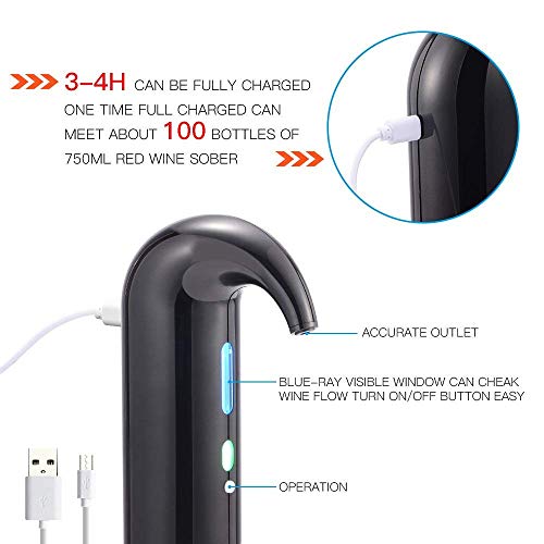 Aireador de vino eléctrico, decantador de vino portátil, dispensador de vino instantáneo, bomba de un solo toque, USB automático, recargable para vino tinto y blanco 16.5*11.5*6cm negro