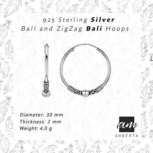 Amberta Aros Tribales de Bali en Plata de Ley 925 - Pendientes Étnicos de Estilo Indio - Diámetro: 30 mm - Modelo Bola y Zigzag