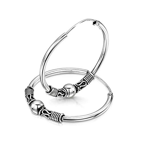 Amberta Aros Tribales de Bali en Plata de Ley 925 - Pendientes Étnicos de Estilo Indio - Diámetro: 30 mm - Modelo Bola y Zigzag