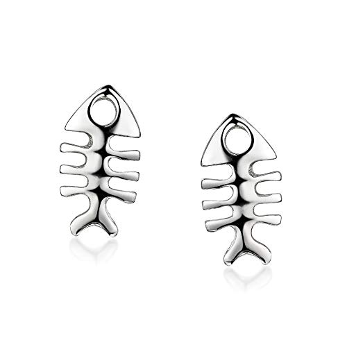 Amberta Pendientes de Botón para Mujer en Plata de Primera Ley 925 con Motivos de la Naturaleza: Raspa de Pescado