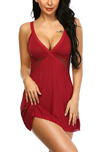 Aranmei Mujer Sexy Ropa de Dormir Mujer Sexy Ropa Interior Camisón Babydoll Ropa Interior Traje Correas Ajustables Especias Tentación Ropa de Dormir (Vino Rojo, Size XXL)