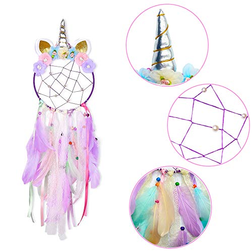 Atrapasueños de unicornio decoración de la pared atrapasueños de plumas de colores hecho a mano colgante de pared niñas niños decoración del dormitorio