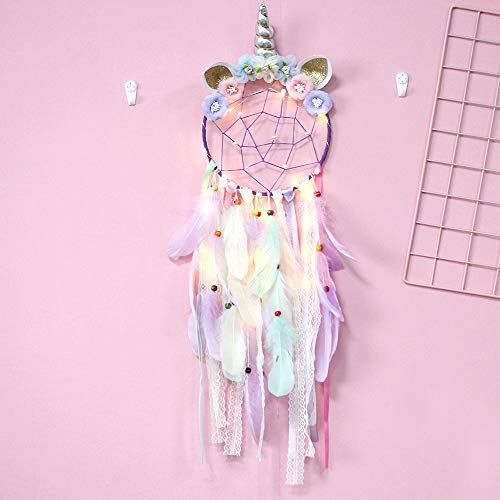 Atrapasueños de unicornio decoración de la pared atrapasueños de plumas de colores hecho a mano colgante de pared niñas niños decoración del dormitorio