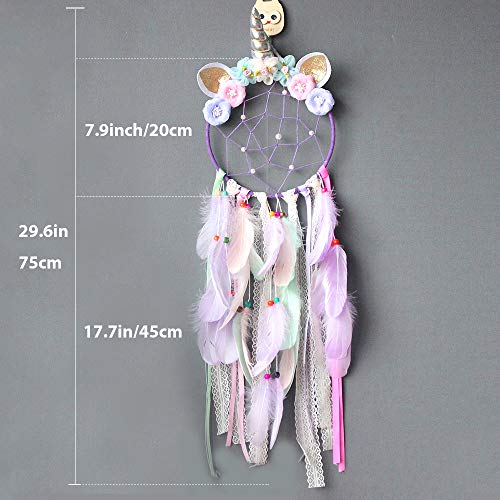Atrapasueños de unicornio decoración de la pared atrapasueños de plumas de colores hecho a mano colgante de pared niñas niños decoración del dormitorio