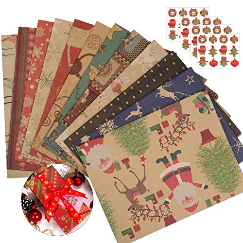 BELIOF 12 piezas de papel de regalo de Navidad en Kraft 50 * 70 cm Papeles de embalaje Patrones de copos de nieve Santa Reno Abeto y 48 piezas de pegatinas de Navidad Hojas Vintage Wrapping