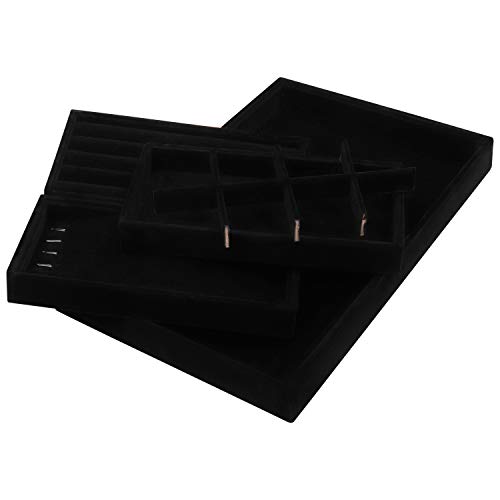 BELLE VOUS Bandejas Joyas - 4 en 1 Exhibidor Organizador de Joyas 35,3x24,2cm Incluye 3 Bandeja Desmontables con 8 Compartimentos para Pendientes, Pulsera y Collares (Negro)
