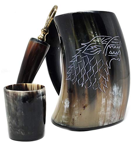 Bhartiya Handicrafts Cublets - Cuerno vikingo para cerveza, Mead, Ale, taza de cerámica inspirada medieval para alimentos | Juego de tronos cuerno con soporte (kit de cuerno de 30 cm)