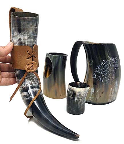 Bhartiya Handicrafts Cublets - Cuerno vikingo para cerveza, Mead, Ale, taza de cerámica inspirada medieval para alimentos | Juego de tronos cuerno con soporte (kit de cuerno de 30 cm)