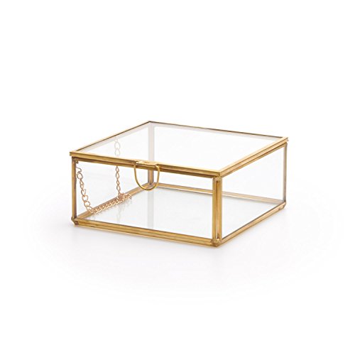 Black Velvet Studio Caja Deco Joyero Terrario Retro Metal Dorado Laton Color Vidrio Cristal Transparente - Estilo Nórdico Vintage Almacenamiento Joyería Medidas 5 * 16 * 16cm