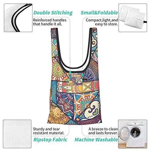 Bolsas de supermercado reutilizables Patrón Patchwork Elementos Decorativos Vintage Fondo Dibujado Mano Lavable Impermeable Ligero 25X15 pulgadas