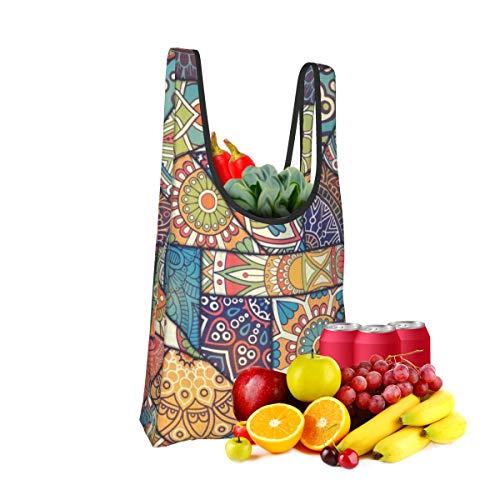 Bolsas de supermercado reutilizables Patrón Patchwork Elementos Decorativos Vintage Fondo Dibujado Mano Lavable Impermeable Ligero 25X15 pulgadas