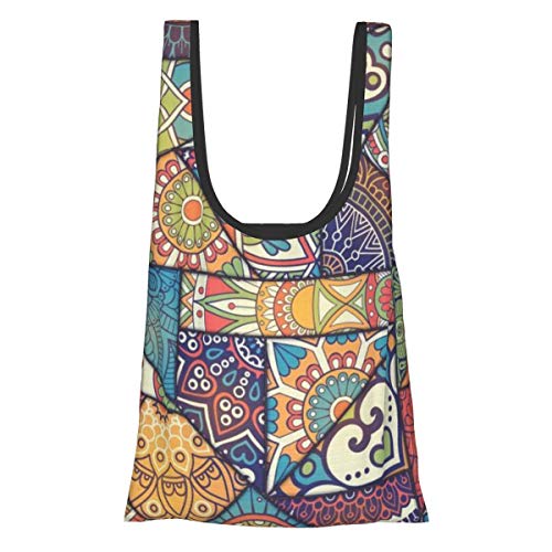 Bolsas de supermercado reutilizables Patrón Patchwork Elementos Decorativos Vintage Fondo Dibujado Mano Lavable Impermeable Ligero 25X15 pulgadas