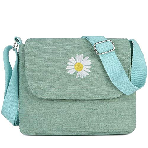 Bolso Bolso Bandolera De Pana A Rayas para Mujer, Lona Bordada con Margaritas, Hombro con Cremallera, Luz Verde
